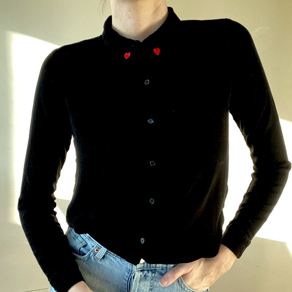 “Thanks for Nothing” embroidered button down black shirt w/ hearts on collar - Picture 2 of 3